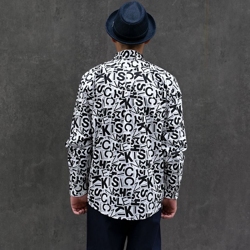 柄シャツ　総柄　長袖シャツ　肌触り良好　テロテロ　サラサラ　L モノクロ　白　黒 総柄シャツ | 木梨サイクル